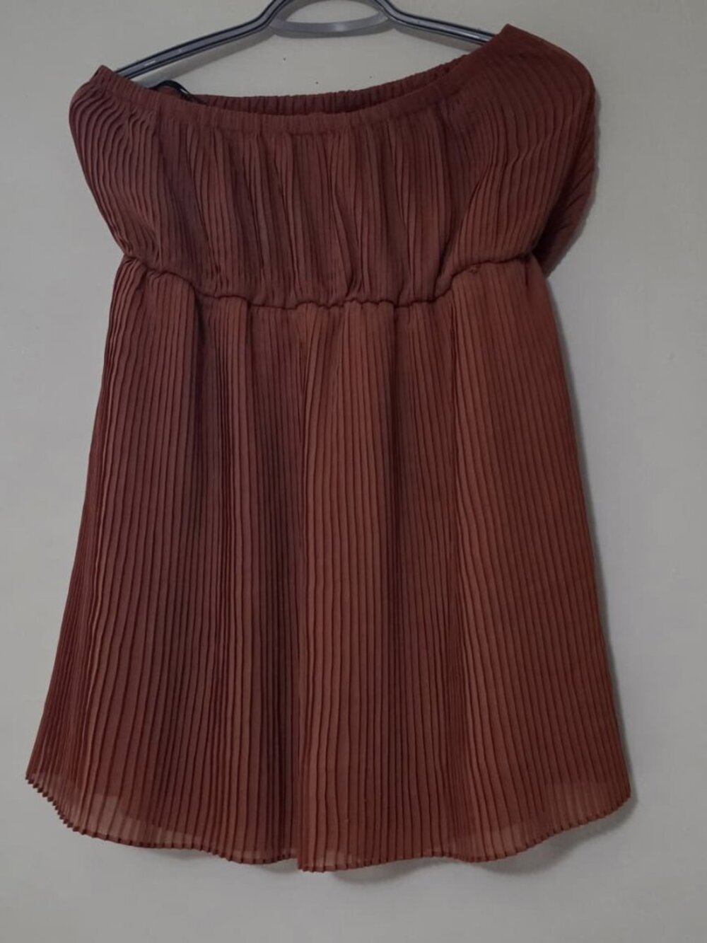 Rust Pleated Strapless Off-The-Shoulder Top micro-pleating for texture and stret
